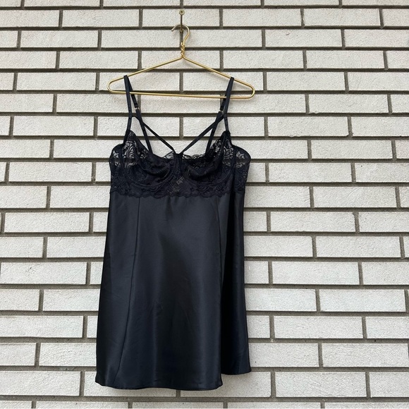 Plus Size Cacique Black Satin Silk Lace Underwire Slip Chemise Boudoir Set 18/20 - Picture 1 of 10
